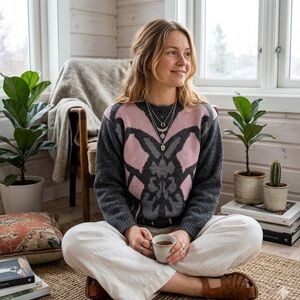 Vintage 80s Scandinavian Bohemian Butterfly Pattern Sweater M Pink Gray